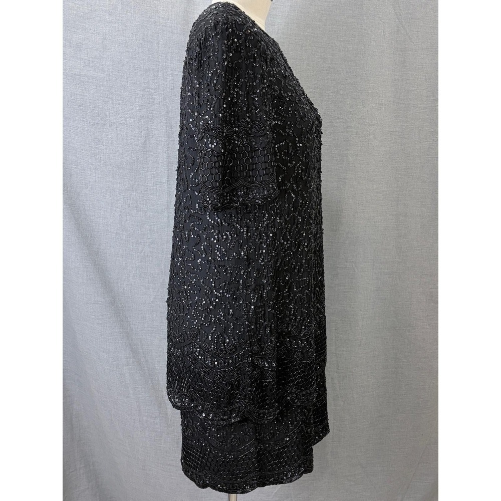 Brilliante by JA Vintage 80s Black Silk Beaded Sequin Cocktail Dress L - Picture 5 of 13